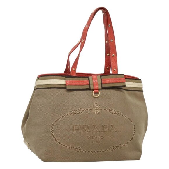 PRADA Hand Bag Canvas Beige Gold Auth 123858 - Picture 1 of 16
